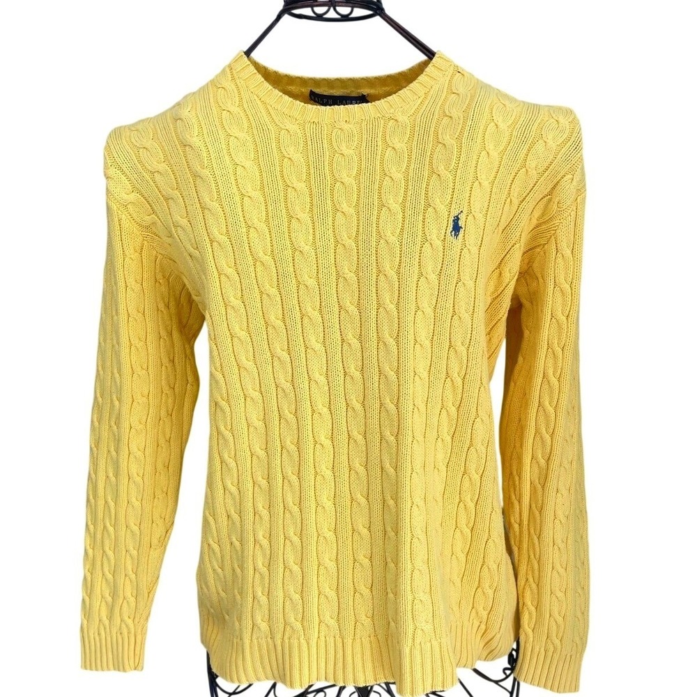Polo Ralph Lauren Yellow Cable Knit Sweater 100% Cotton Sz Large Blue Logo Women